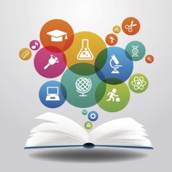 Open books and icons of science. The concept of modern education, File is saved in AI10 EPS version. This illustration contains a transparency